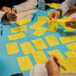 professionals gathered around a blue table sorting ideas written on yellow notecards