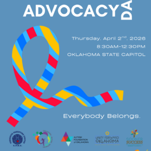 Autism Advocacy Day blue background with red, yellow, and blue ribbon