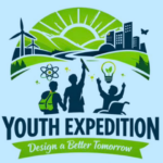 a green and blue clipart of students looking at the future