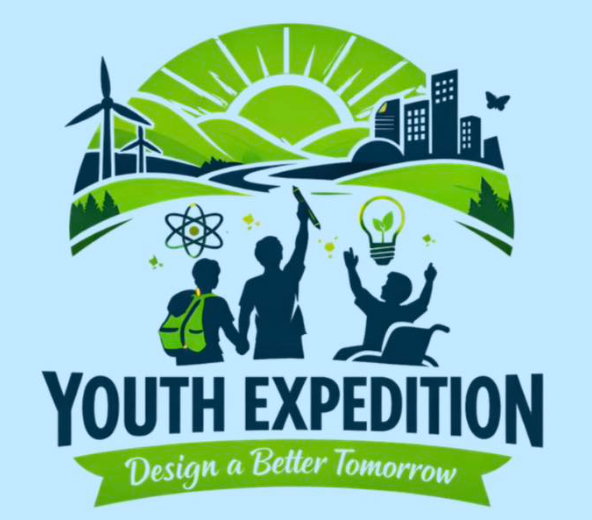 a green and blue clipart of students looking at the future